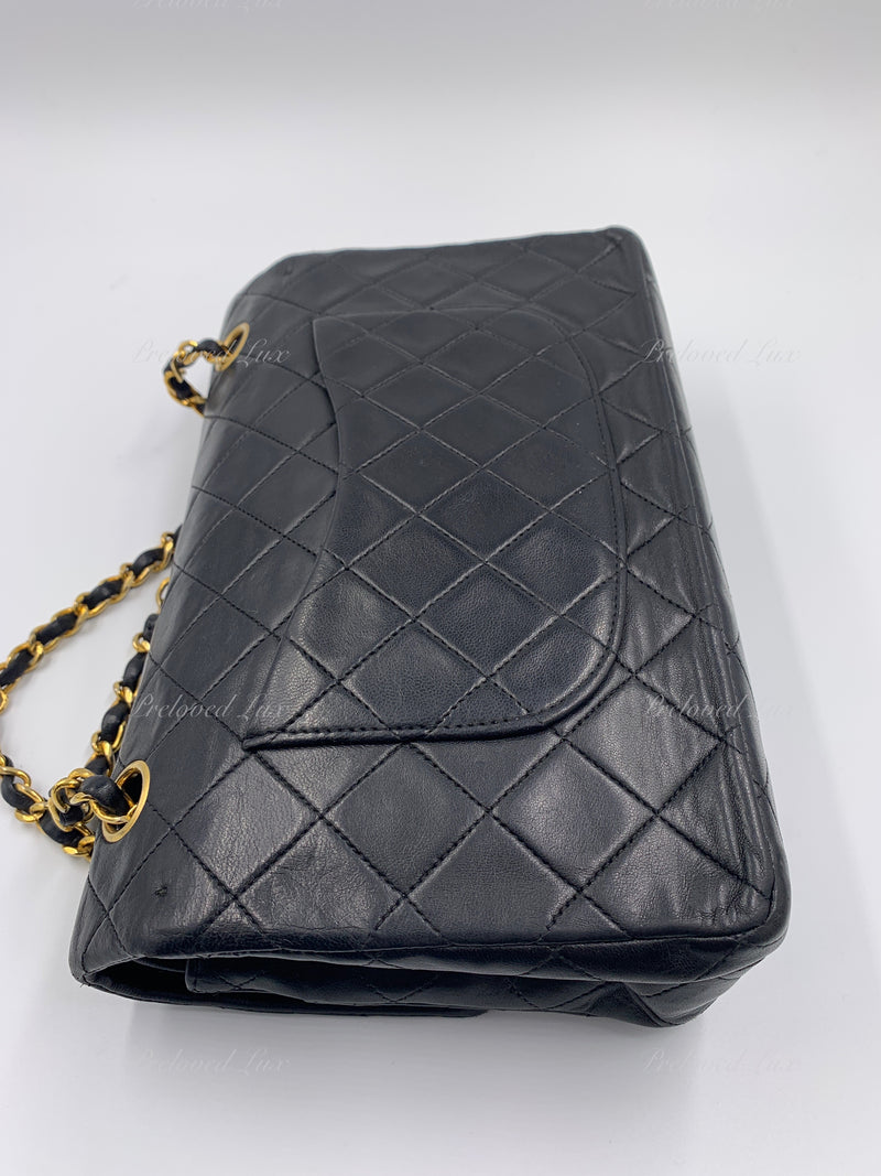 CHANEL Lambskin Double Chain Double Medium Flap Bag black/gold