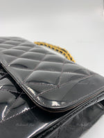 Sold-CHANEL Black Patent Leather Border Tab Diana Flap Crossbody Bag Gold hardware