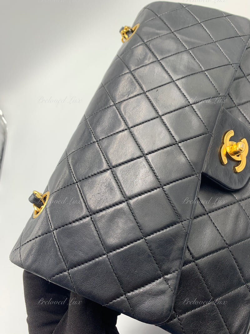 CHANEL Lambskin Double Chain Double Medium Flap Bag black/gold