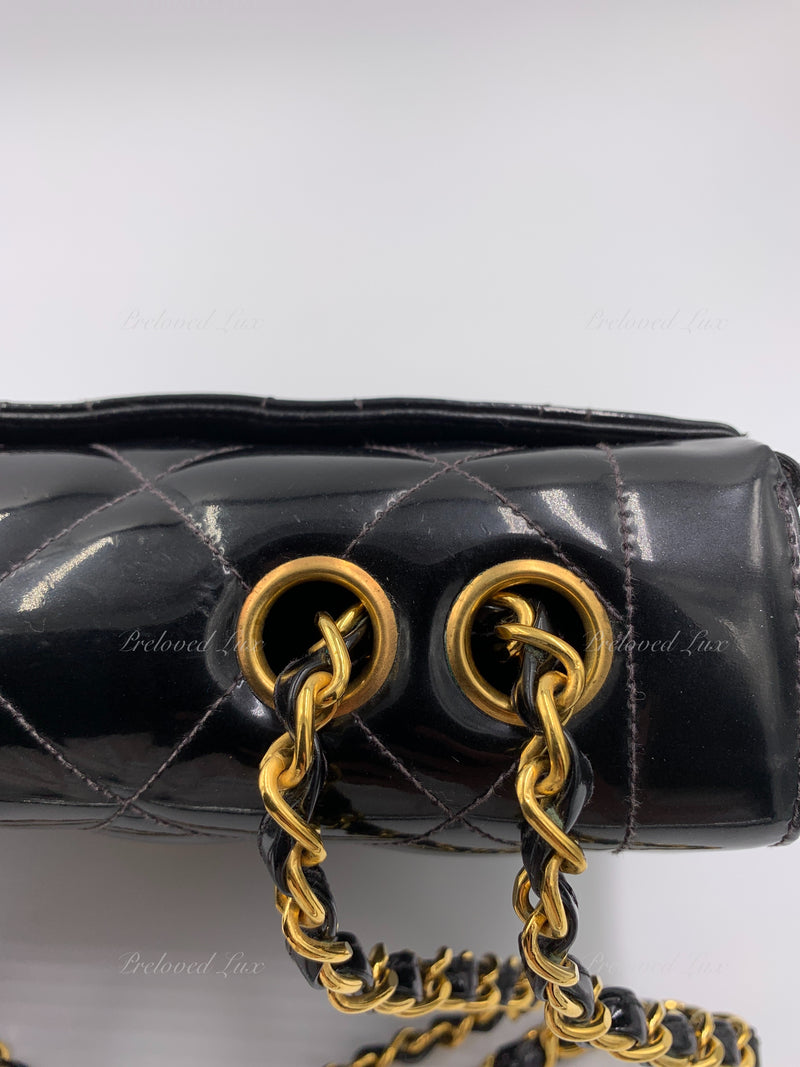 Sold-CHANEL Black Patent Leather Border Tab Diana Flap Crossbody Bag Gold hardware