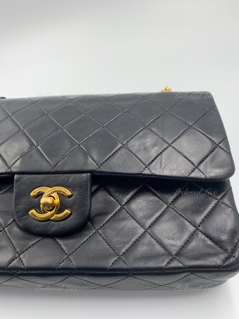 CHANEL Lambskin Double Chain Double Medium Flap Bag black/gold