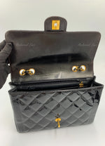 Sold-CHANEL Black Patent Leather Border Tab Diana Flap Crossbody Bag Gold hardware