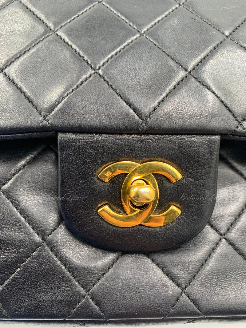 CHANEL Lambskin Double Chain Double Medium Flap Bag black/gold