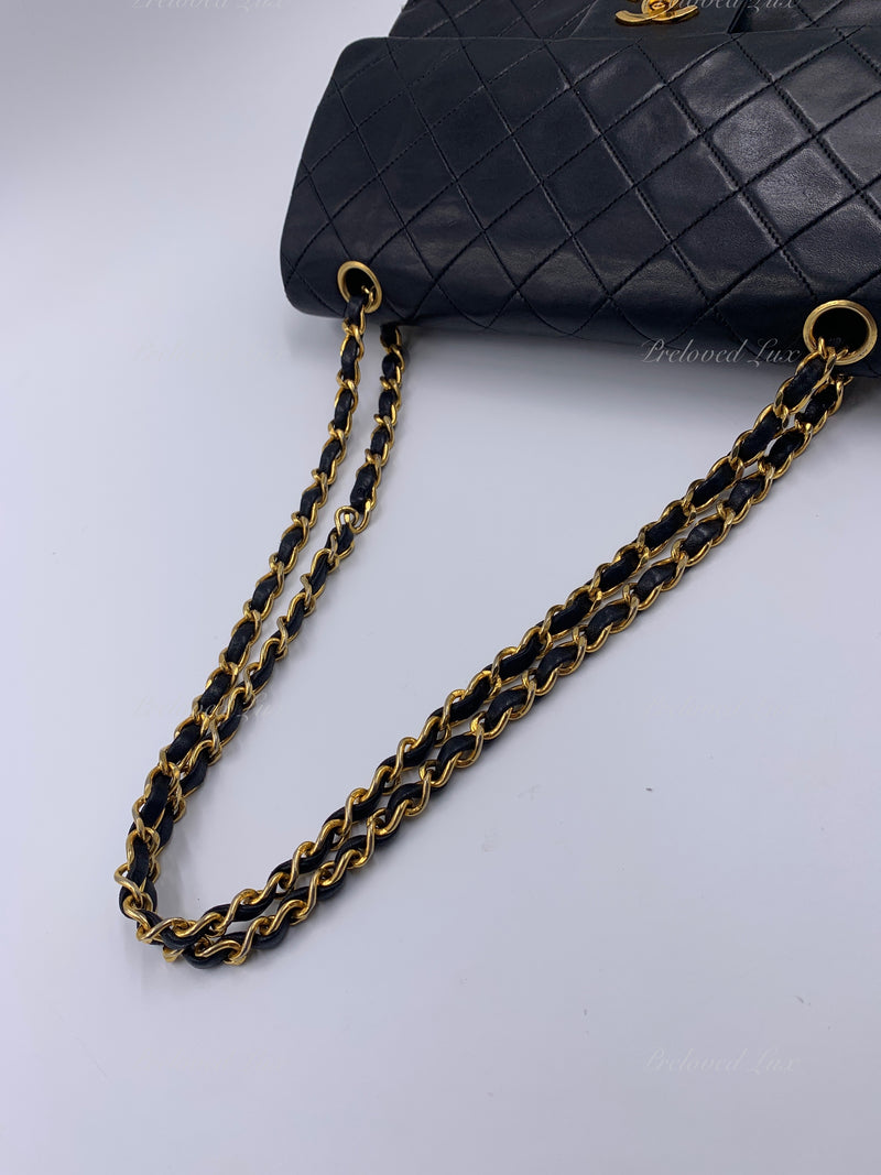 CHANEL Lambskin Double Chain Double Medium Flap Bag black/gold