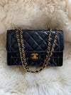 Sold-CHANEL Black Patent Leather Border Tab Diana Flap Crossbody Bag Gold hardware