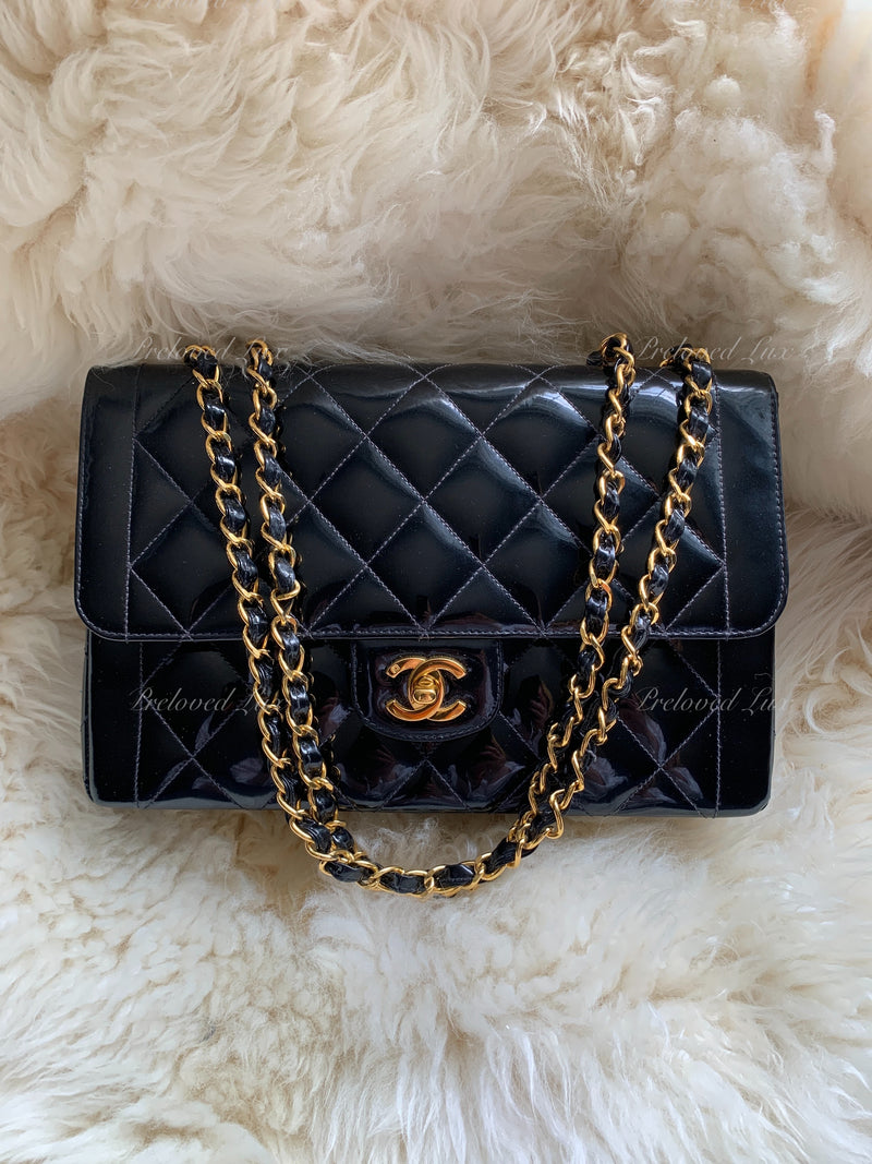 Sold-CHANEL Black Patent Leather Border Tab Diana Flap Crossbody Bag Gold hardware