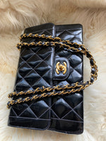 Sold-CHANEL Black Patent Leather Border Tab Diana Flap Crossbody Bag Gold hardware