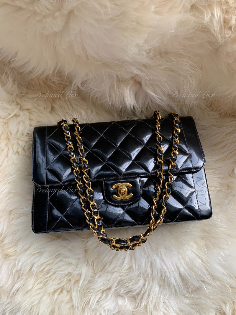 Sold-CHANEL Black Patent Leather Border Tab Diana Flap Crossbody Bag Gold hardware