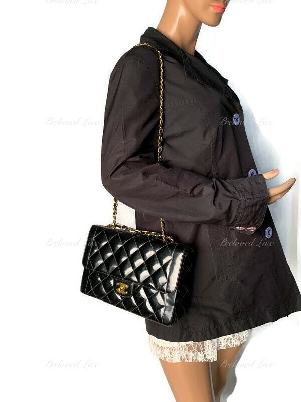 Sold-CHANEL Black Patent Leather Border Tab Diana Flap Crossbody Bag Gold hardware