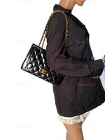 Sold-CHANEL Black Patent Leather Border Tab Diana Flap Crossbody Bag Gold hardware