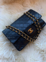 CHANEL Lambskin Double Chain Double Medium Flap Bag black/gold