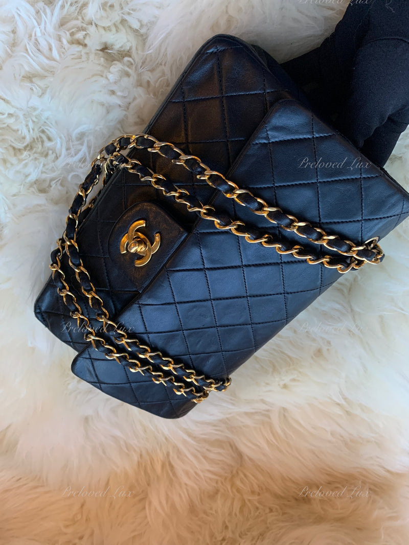 CHANEL Lambskin Double Chain Double Medium Flap Bag black/gold