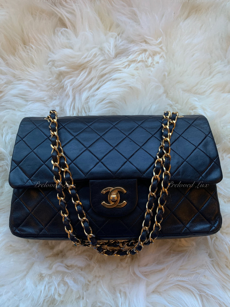 CHANEL Lambskin Double Chain Double Medium Flap Bag black/gold