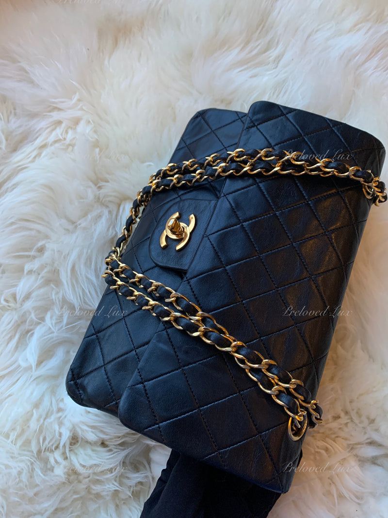 CHANEL Lambskin Double Chain Double Medium Flap Bag black/gold