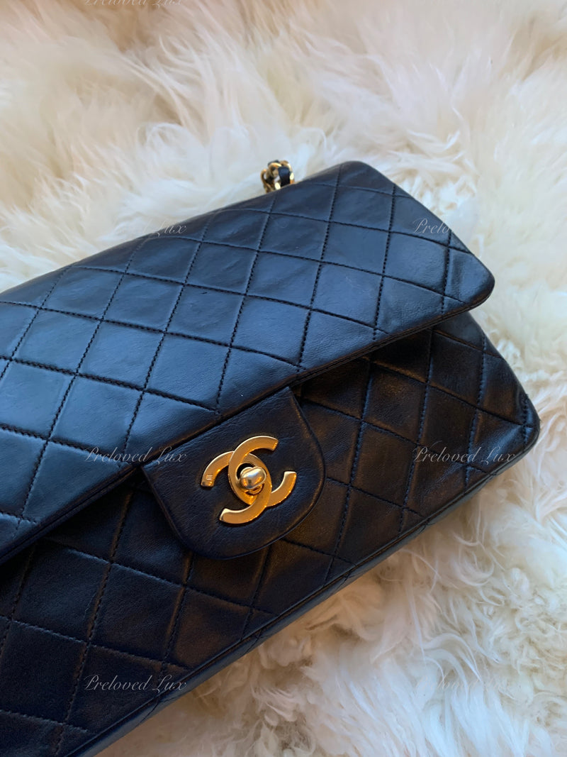 CHANEL Lambskin Double Chain Double Medium Flap Bag black/gold