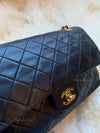 CHANEL Lambskin Double Chain Double Medium Flap Bag black/gold