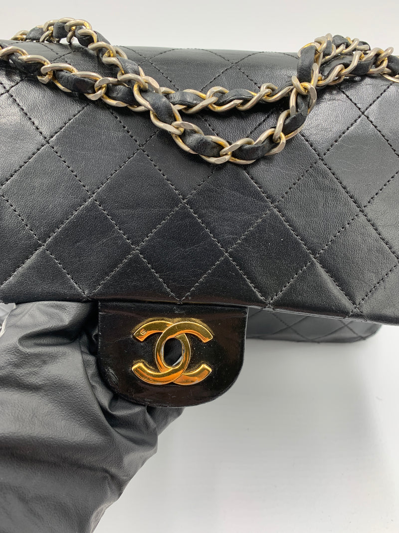 Sold-CHANEL Lambskin Double Chain Double Medium Flap Bag black/gold