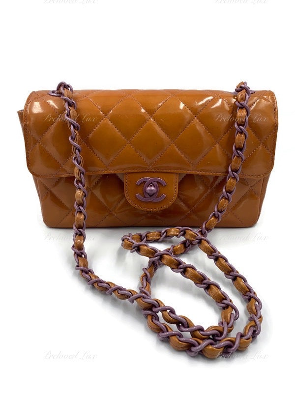 Sold-CHANEL Classic Mini Rectangular Seasonal Caramel Patent Leather Shoulder Bag Crossbody - light purple hardware