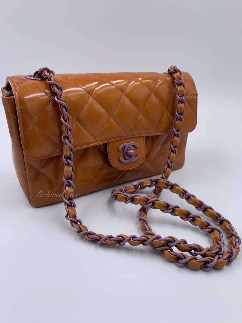 Sold-CHANEL Classic Mini Rectangular Seasonal Caramel Patent Leather Shoulder Bag Crossbody - light purple hardware