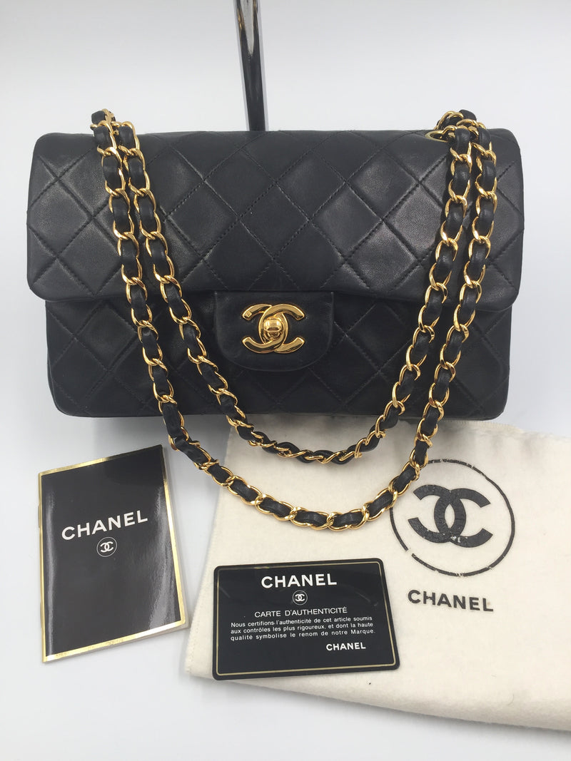 Sold-CHANEL Classic Lambskin Double Chain Double Small Flap Bag black/gold