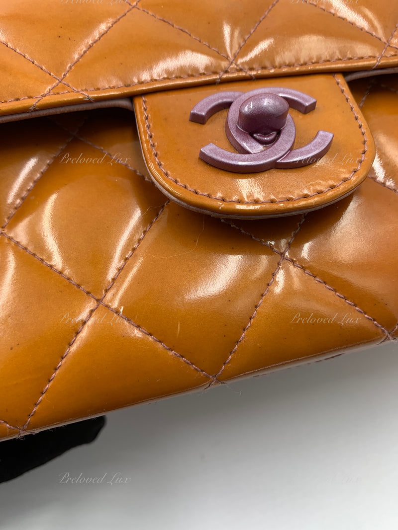 Sold-CHANEL Classic Mini Rectangular Seasonal Caramel Patent Leather Shoulder Bag Crossbody - light purple hardware