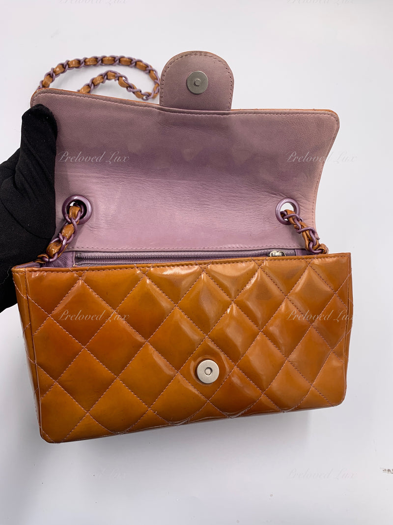 Sold-CHANEL Classic Mini Rectangular Seasonal Caramel Patent Leather Shoulder Bag Crossbody - light purple hardware