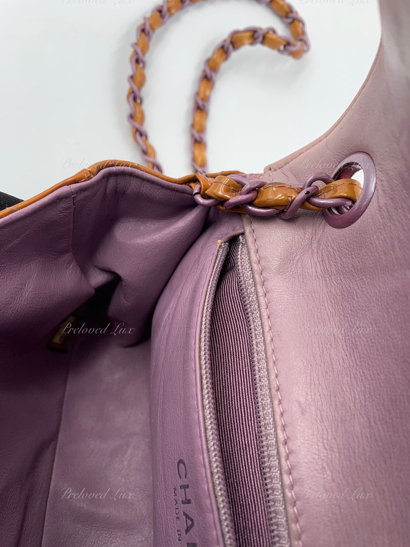 Sold-CHANEL Classic Mini Rectangular Seasonal Caramel Patent Leather Shoulder Bag Crossbody - light purple hardware