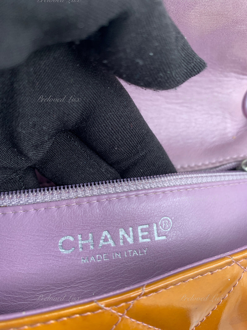 Sold-CHANEL Classic Mini Rectangular Seasonal Caramel Patent Leather Shoulder Bag Crossbody - light purple hardware