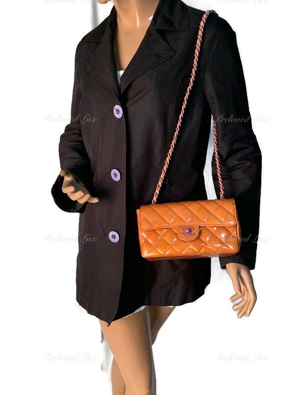 Sold-CHANEL Classic Mini Rectangular Seasonal Caramel Patent Leather Shoulder Bag Crossbody - light purple hardware