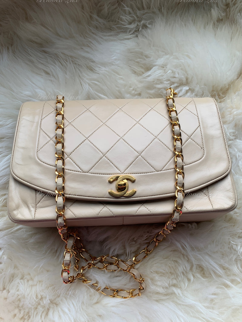 CHANEL Lambskin Medium Diana Single Chain Single Flap Bag Beige/gold