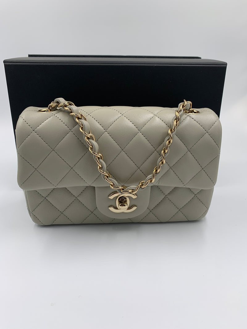 Sold-CHANEL Classic Grey Lambskin Mini Rectangular Crossbody Bag in Champaign Gold Hardware