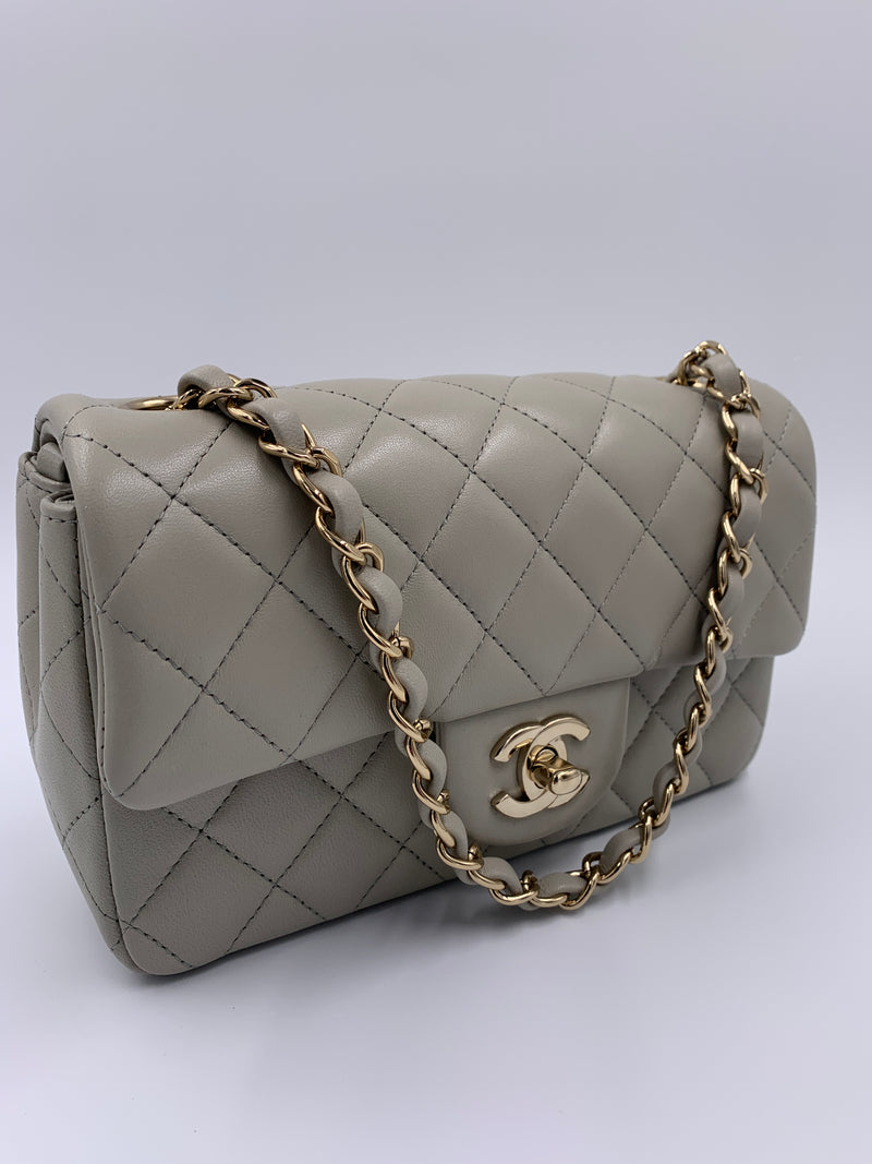 Sold-CHANEL Classic Grey Lambskin Mini Rectangular Crossbody Bag in Champaign Gold Hardware