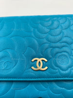 CHANEL Lambskin Camelia Wallet-on-the-chain WOC Crossbody Flap Bag - Blue