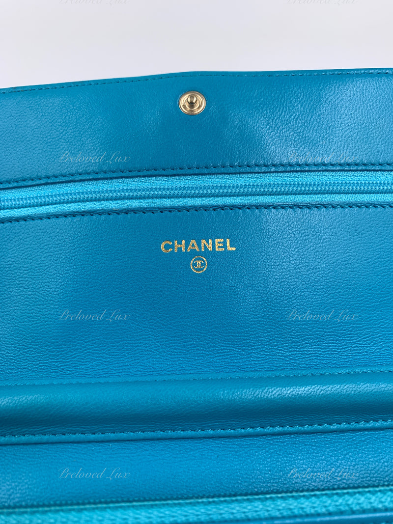 CHANEL Lambskin Camelia Wallet-on-the-chain WOC Crossbody Flap Bag - Blue