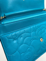 CHANEL Lambskin Camelia Wallet-on-the-chain WOC Crossbody Flap Bag - Blue