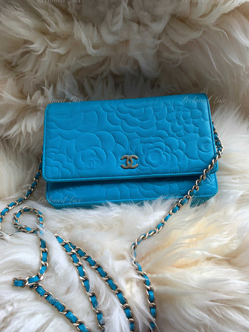 CHANEL Lambskin Camelia Wallet-on-the-chain WOC Crossbody Flap Bag - Blue