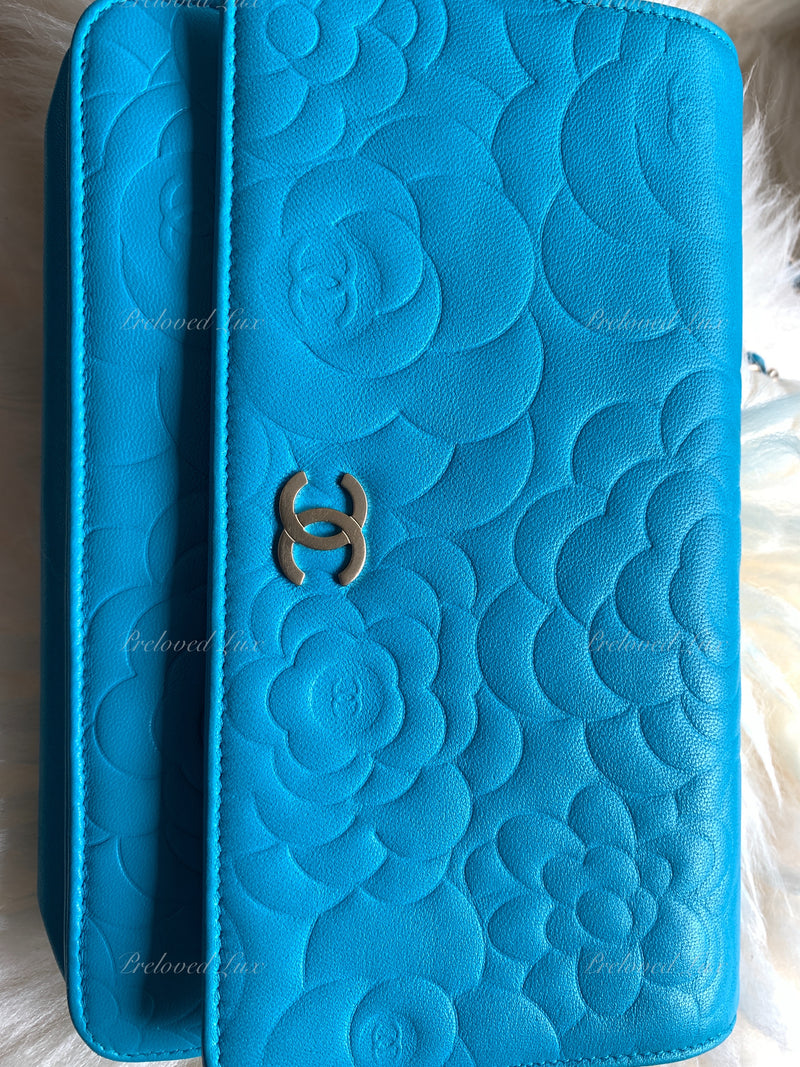 CHANEL Lambskin Camelia Wallet-on-the-chain WOC Crossbody Flap Bag - Blue