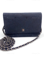 CHANEL Lace Embossed Goatskin Wallet-on-the-chain WOC Crossbody Flap Bag - Dark Navy Silver hardware