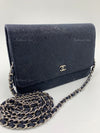 CHANEL Lace Embossed Goatskin Wallet-on-the-chain WOC Crossbody Flap Bag - Dark Navy Silver hardware