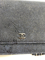 CHANEL Lace Embossed Goatskin Wallet-on-the-chain WOC Crossbody Flap Bag - Dark Navy Silver hardware