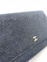 CHANEL Lace Embossed Goatskin Wallet-on-the-chain WOC Crossbody Flap Bag - Dark Navy Silver hardware