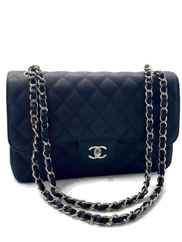 Sold-CHANEL Classic Double Flap Caviar Large (Jumbo) Bag Silver Hardware