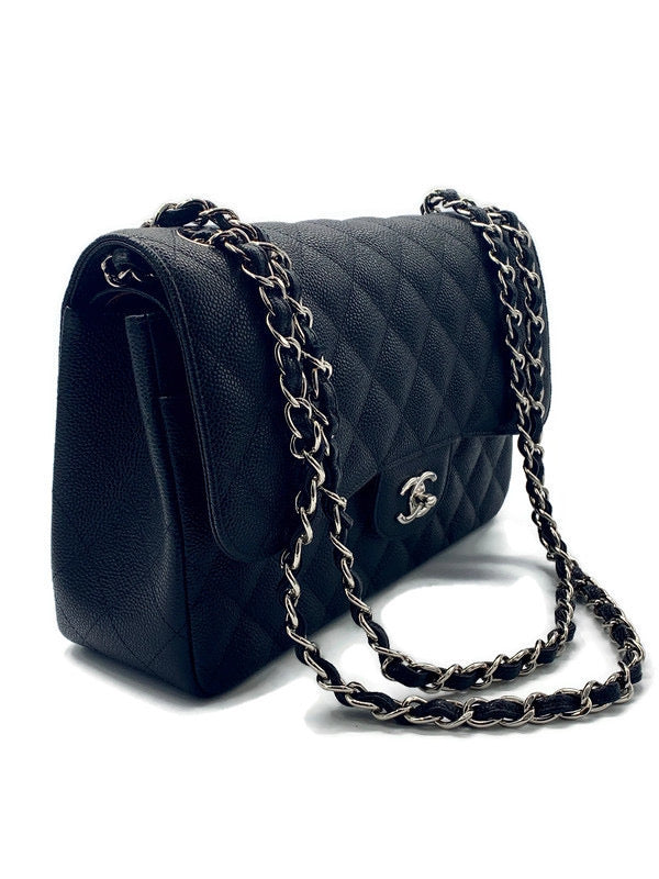 Sold-CHANEL Classic Double Flap Caviar Large (Jumbo) Bag Silver Hardware