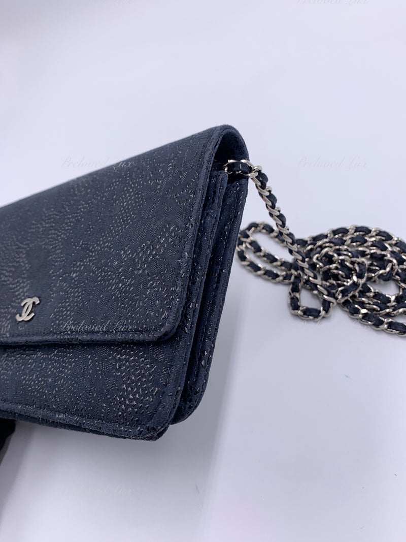 CHANEL Lace Embossed Goatskin Wallet-on-the-chain WOC Crossbody Flap Bag - Dark Navy Silver hardware