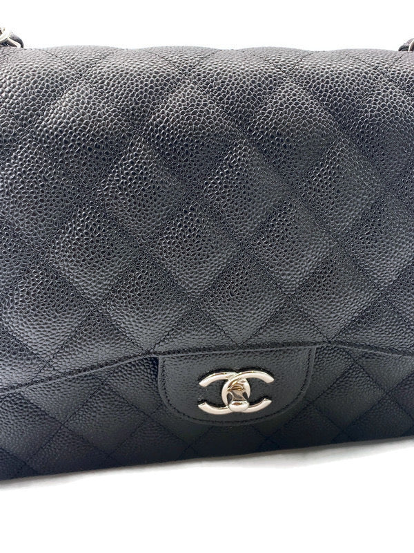 Sold-CHANEL Classic Double Flap Caviar Large (Jumbo) Bag Silver Hardware