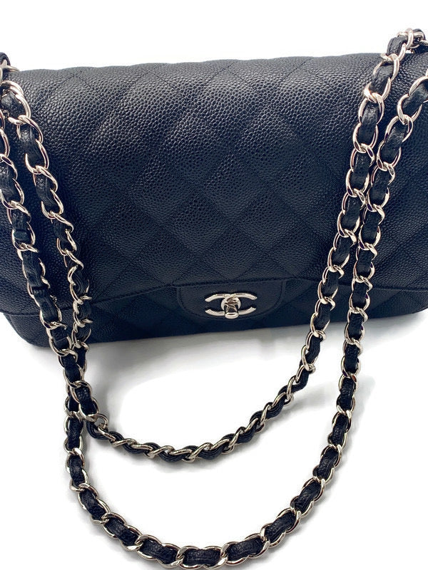 Sold-CHANEL Classic Double Flap Caviar Large (Jumbo) Bag Silver Hardware