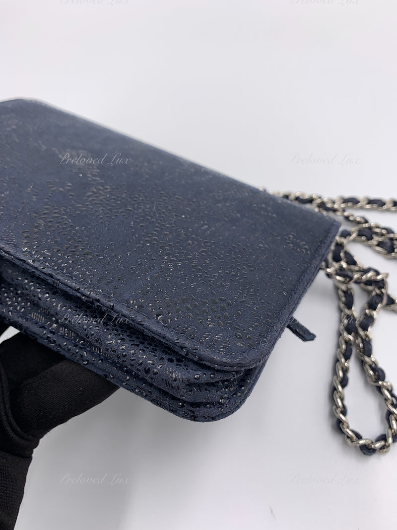 CHANEL Lace Embossed Goatskin Wallet-on-the-chain WOC Crossbody Flap Bag - Dark Navy Silver hardware