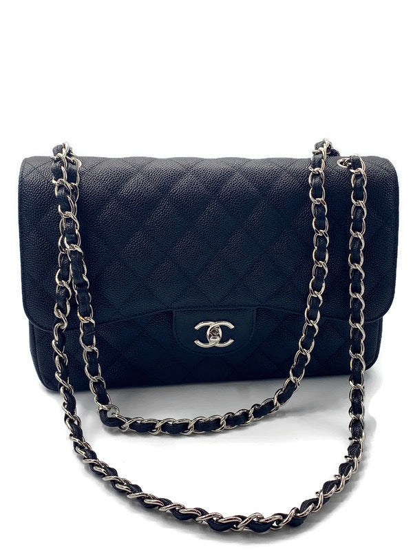 Sold-CHANEL Classic Double Flap Caviar Large (Jumbo) Bag Silver Hardware