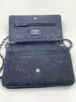 CHANEL Lace Embossed Goatskin Wallet-on-the-chain WOC Crossbody Flap Bag - Dark Navy Silver hardware