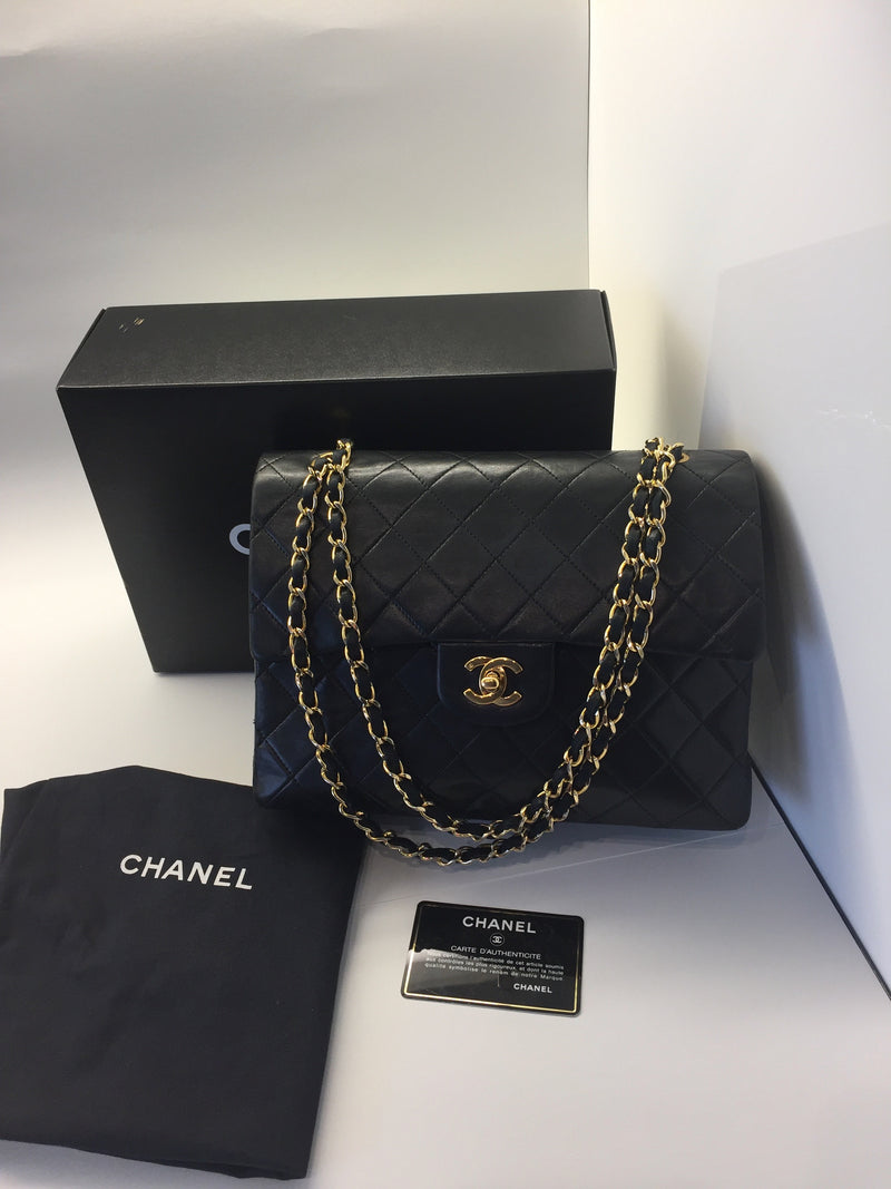 Sold-CHANEL Classic Lambskin Double Chain Double Flap Bag Medium black/gold